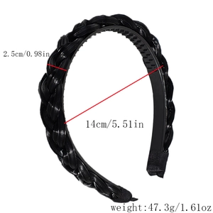 Detailed dimensions of black braided headband with non-slip teeth and weight specifications