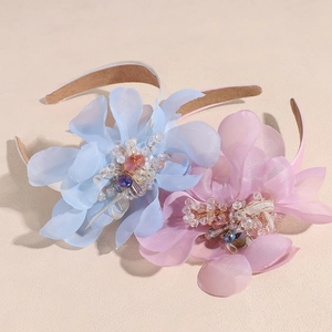 Elegant chiffon flower headbands with crystal beads in light blue and lavender colors