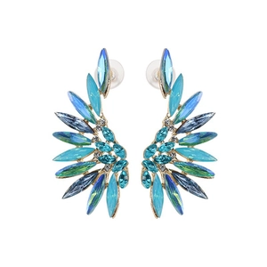 Exaggerated bohemian wing-shaped stud earrings with blue and green crystals