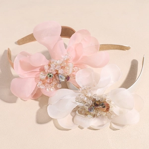 Elegant floral chiffon headband with beaded pearls and 3D petal decorations