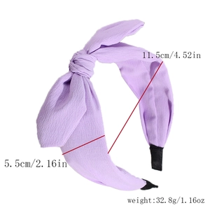 Detail view of light purple chiffon bow headband with non-slip end and size dimensions