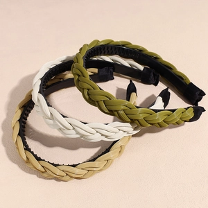Three-piece braided leather headband set in olive green, cream white, and tan colors