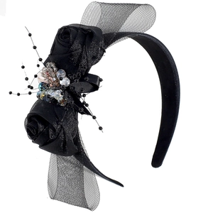 Elegant black mesh floral headband with rose fabric flowers and crystal rhinestones