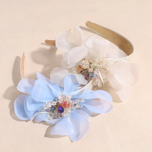 Elegant chiffon floral headbands with sparkling crystal beads and golden wire detailing