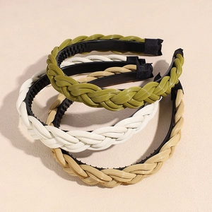 Three premium woven non-slip headbands in olive green, cream white, and khaki tones