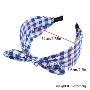 Detail view of blue plaid knot headband with size dimensions and anti-slip end tips