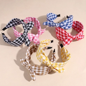 Women Korean Style Plaid Fabric Knotted Headband Cute Rabbit Ear Bow Wide Checkered Hairband Sweet Daily Hair Accessories