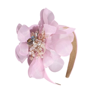Pink chiffon floral headband with layered petals and colorful crystal beaded center accents