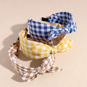 Three-piece set of cute plaid bowknot headbands in blue, yellow, and brown fabric