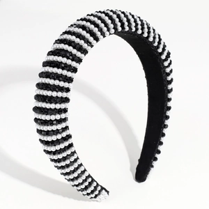 Serre-tête large style baroque avec perles tissées noires et blanches et éponge