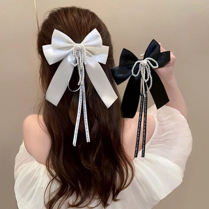Satin Bow Hair Clip With Artificial Pearls Long Streamer Elegant French Vintage Spring Clip Hairpins For Women Party Daily Hair Accessories