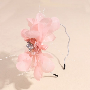 Serre-tête argenté élégant avec fleurs en tulle rose perles et strass en cristal