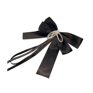 French style black satin bow hair clip with elegant pearls and long ribbon