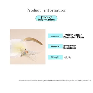 Detailed view of pale yellow feather headband with rhinestones and size specifications
