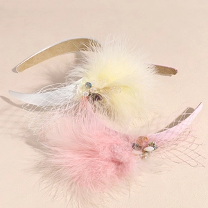Elegant feather mesh headband with rhinestones for weddings and parties in pink and yellow