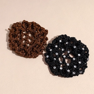 Crocheted hair nets for buns in brown and black with small rhinestones for hair styling