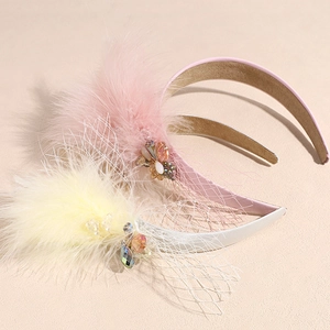 Elegant feather mesh headband with rhinestones for weddings and banquets in pink and white