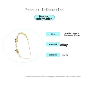 Detailed size and material specs for gold alloy headband with pearls and butterfly decor