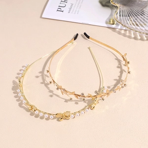 Elegant Golden Alloy Headband With Simulated Artificial Pearls And Rhinestones Butterfly And Leaf Design Korean Style Hair Accessory