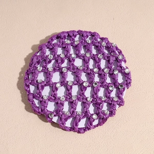 Detailed view of a purple crocheted hair snood decorated with sparkling rhinestones
