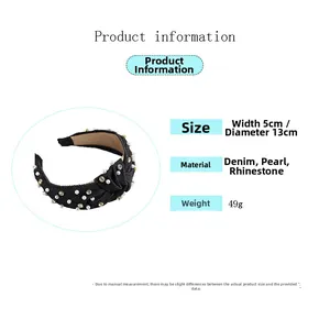 Detail showing blue denim headband with white pearls and gold rhinestones 5cm wide