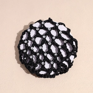 Detail of a black crocheted hair net with rhinestone accents for professional buns