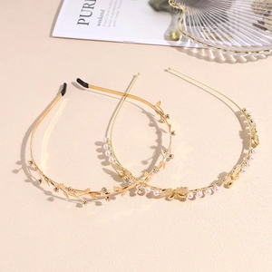 Elegant Korean style gold metal headbands with pearl bow and rhinestone leaf designs