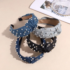 Vintage Denim Knotted Headband for Women with Faux Artificial Pearl and Rhinestone Wide Hairband Retro Fashion Hair Accessories Gift