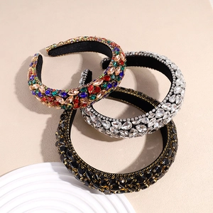 Baroque wide sponge headband with luxury rhinestones in colorful, white, and black sets