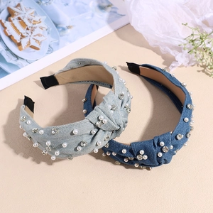 Fashionable denim knot headbands with elegant pearls and sparkling rhinestones for women