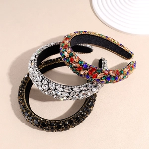 Baroque Pave Rhinestone Padded Headband For Women Luxury Handmade Wide Sponge Hair Band Vintage Sparkling Crystal Hair Accessory