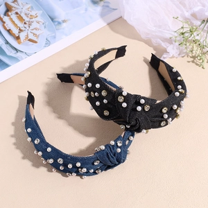 Fashionable denim knotted headband with elegant pearls and sparkling rhinestones for women