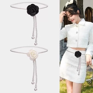 Elegant Camellia Flower Artificial Pearl Waist Chain For Women French Style Fabric Flower Artificial Pearl Belt For Dresses Tassel Waist Chain