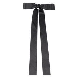 Long black satin ribbon bow hair clip with elegant flowing streamers for women