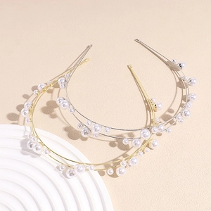 Elegant Double Layer Faux Artificial Pearl Metal Headband For Women Korean Style Gold Silver Thin Hair Band Wedding Party Accessory