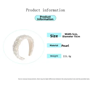Baroque padded headband dimensions with cream pearls, 5cm width and 15cm diameter size info