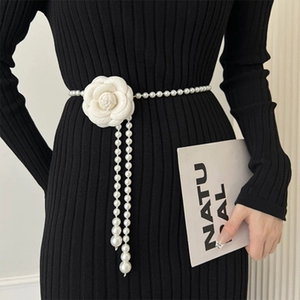 French style pearl waist chain with camellia flower and tassels on black dress