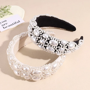 Baroque padded sponge headbands with faux pearls in black and beige set