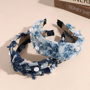 Vintage Denim Plaid Headband With Artificial Pearls And Rhinestones Fringed Edge High Top Hair Band For Women Fashion Hair Accessories