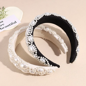 Baroque style sponge headband with elegant faux pearls in black and cream white colors