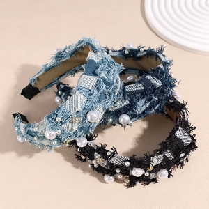 Three beaded denim plaid headbands with pearls and rhinestones on beige background