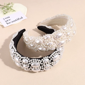 Baroque padded headband with white pearls on black and beige fabric bases