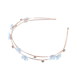 Double-layered rose gold floral headband with blue silk cherry blossoms and pearls