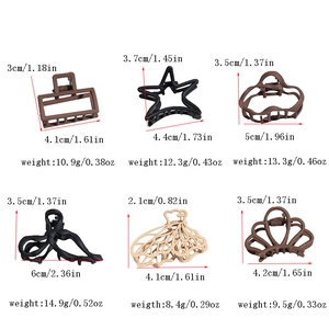Detailed size and weight chart for small matte resin hair claws in various shapes