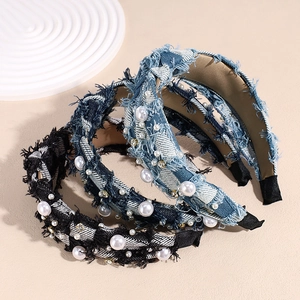 Denim headband with pearls and rhinestones featuring frayed edges in vintage style
