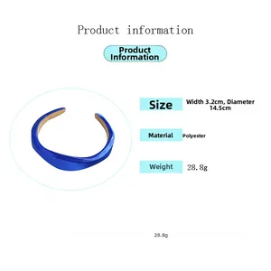 Spécifications détaillées du serre-tête en satin bleu foncé avec dimensions et poids 28,8g