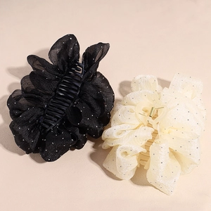 Grandes pinces à cheveux à nœud en résille noir et beige avec strass étincelants