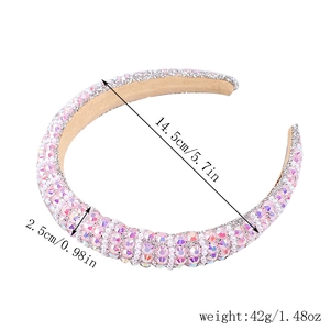 Close-up of pink rhinestones and pearls on a headband with precise size and weight measurements