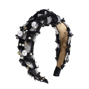 Elegant black and white tweed headband with white faux pearls and rhinestone embellishments