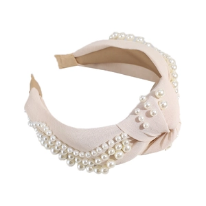 Serre-tête en tissu beige à nœud avec perles blanches élégantes pour femmes stylées